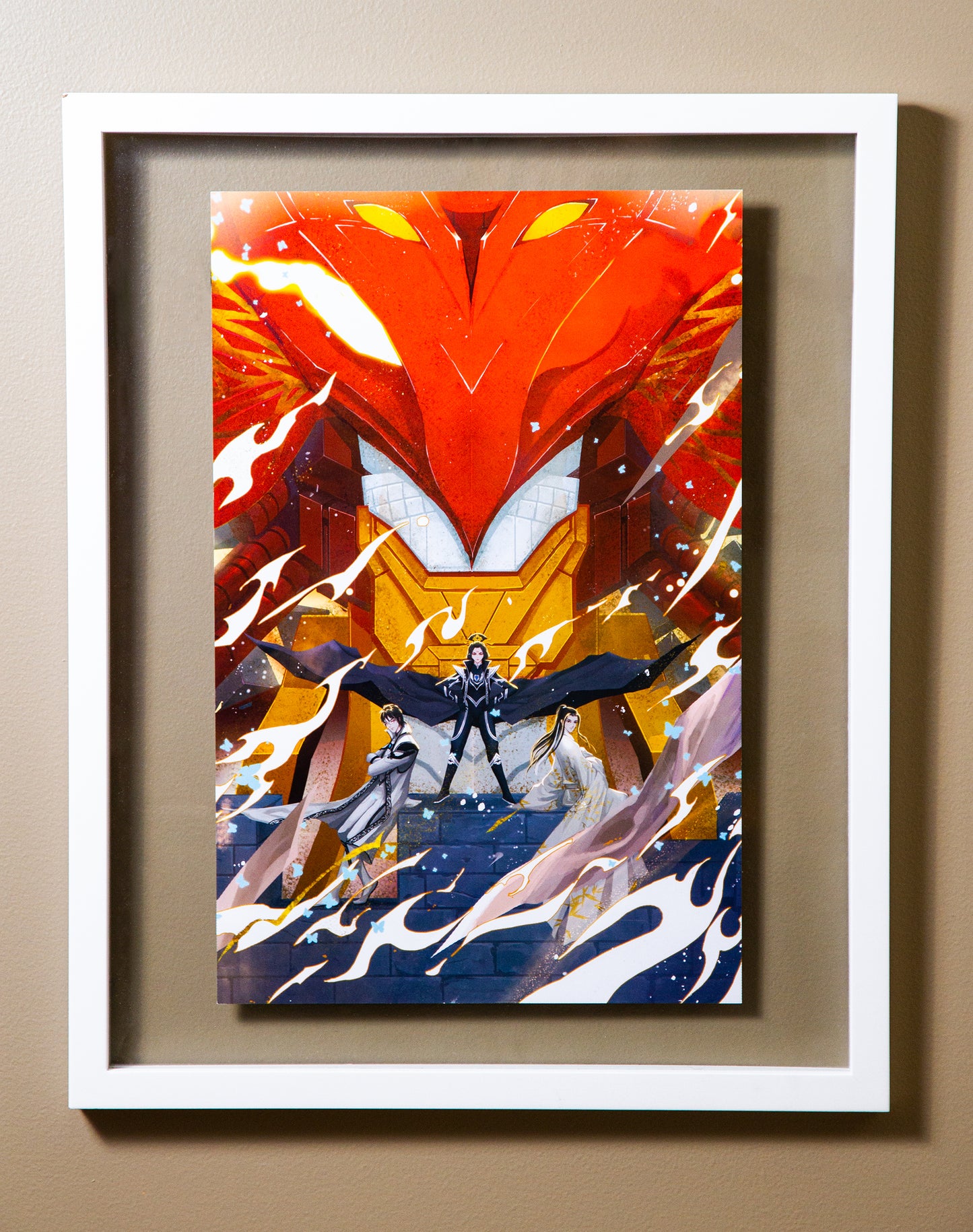 White floating framed Vermillion Trio Print on a beige wall.