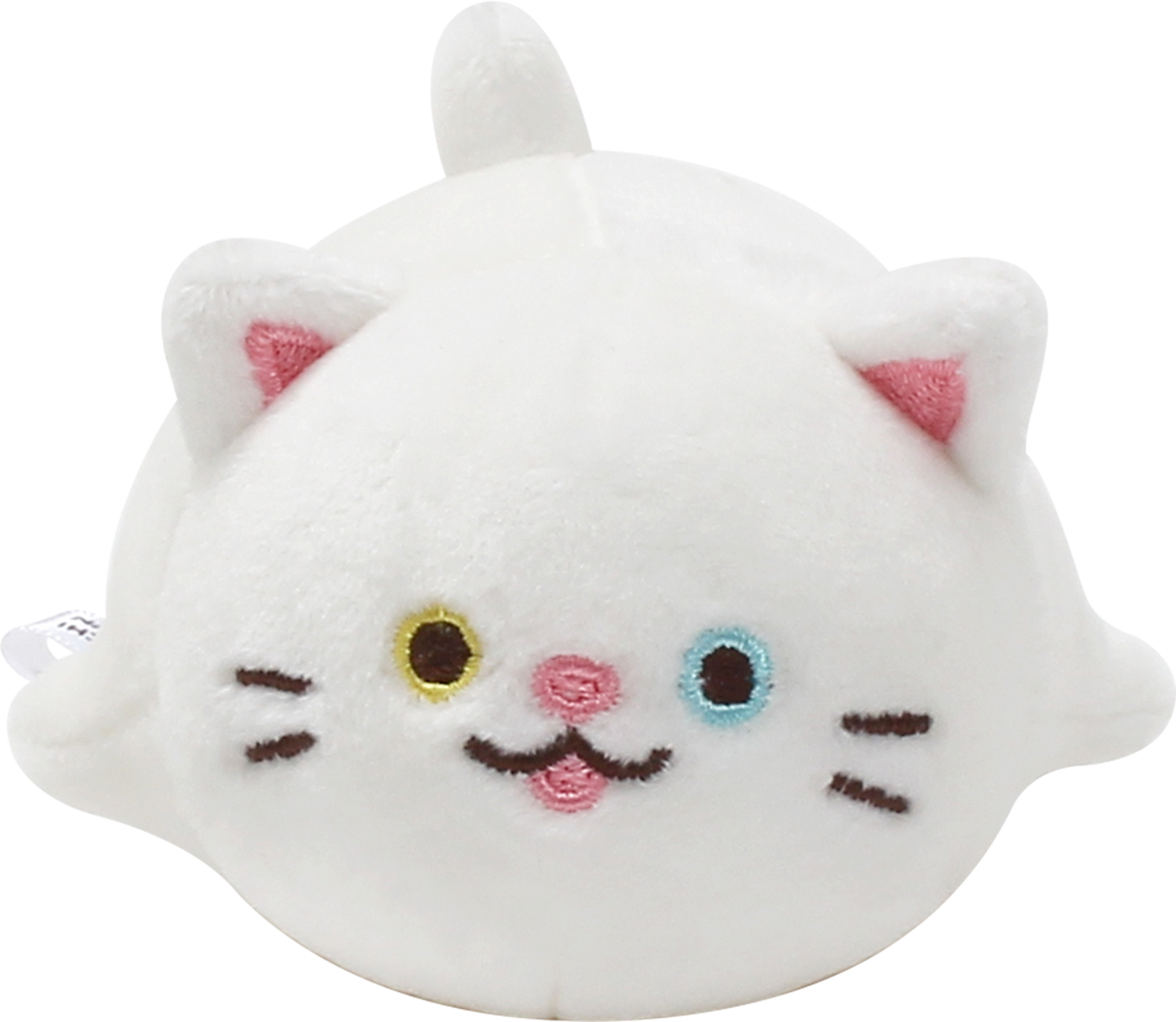 Front view of Odd, a white cat plush with one green and one blue eye.