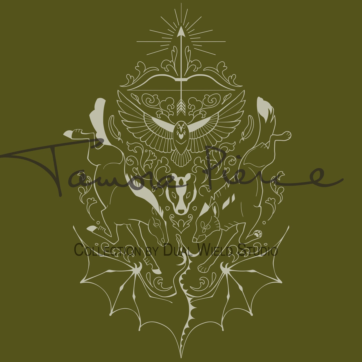 Closeup of the Daine Heraldry T-Shirt design on olive green.