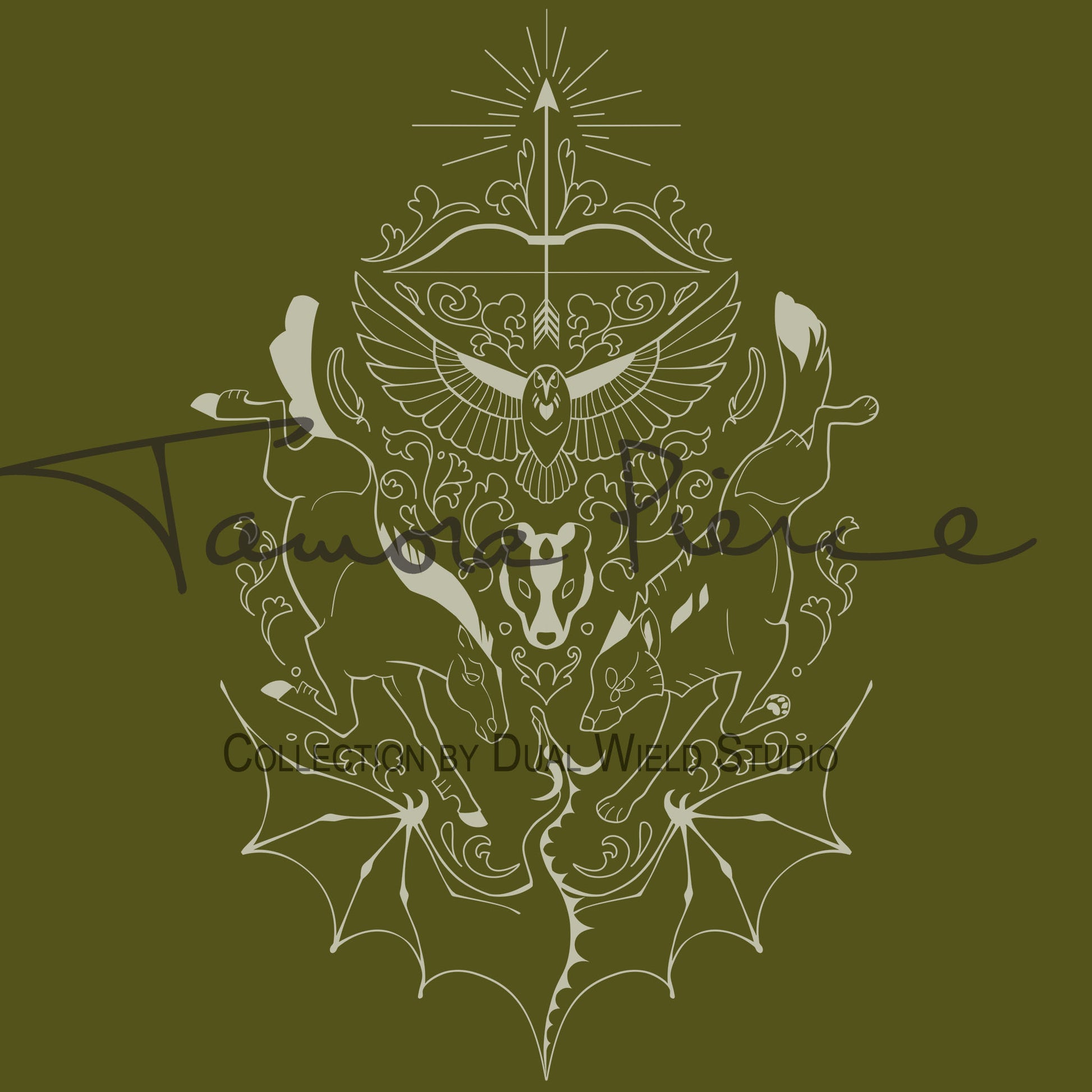 Closeup of the Daine Heraldry T-Shirt design on olive green.