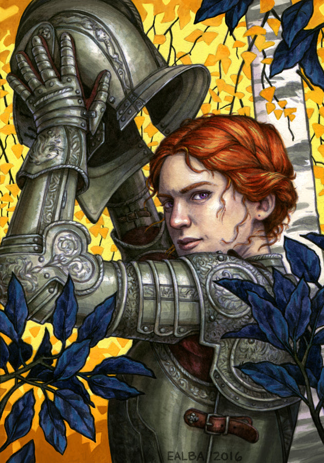 Portrait illustration of Alanna of Pirate's Swoop and Olau removing her helm and looking at the viewer. 